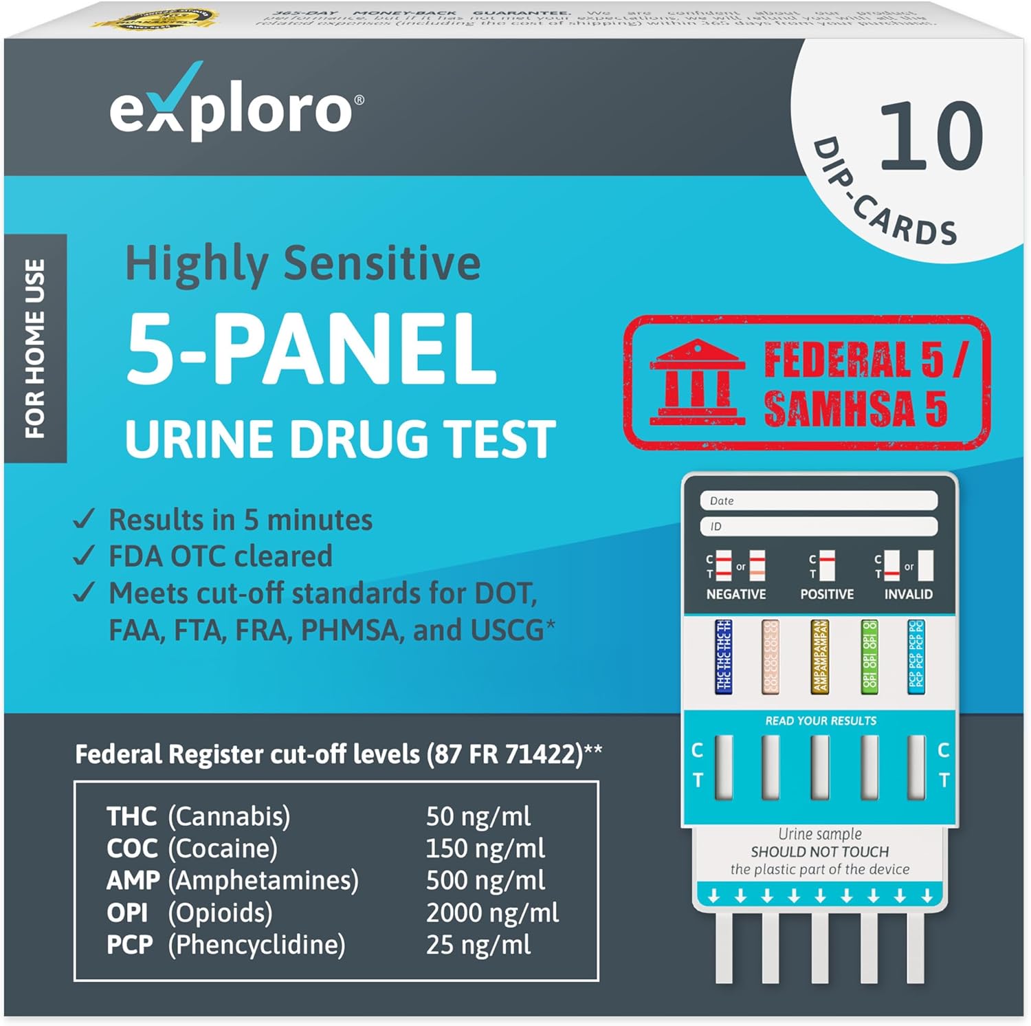 Exploro 5-panel urine drug test kit packaging with text and graphics.