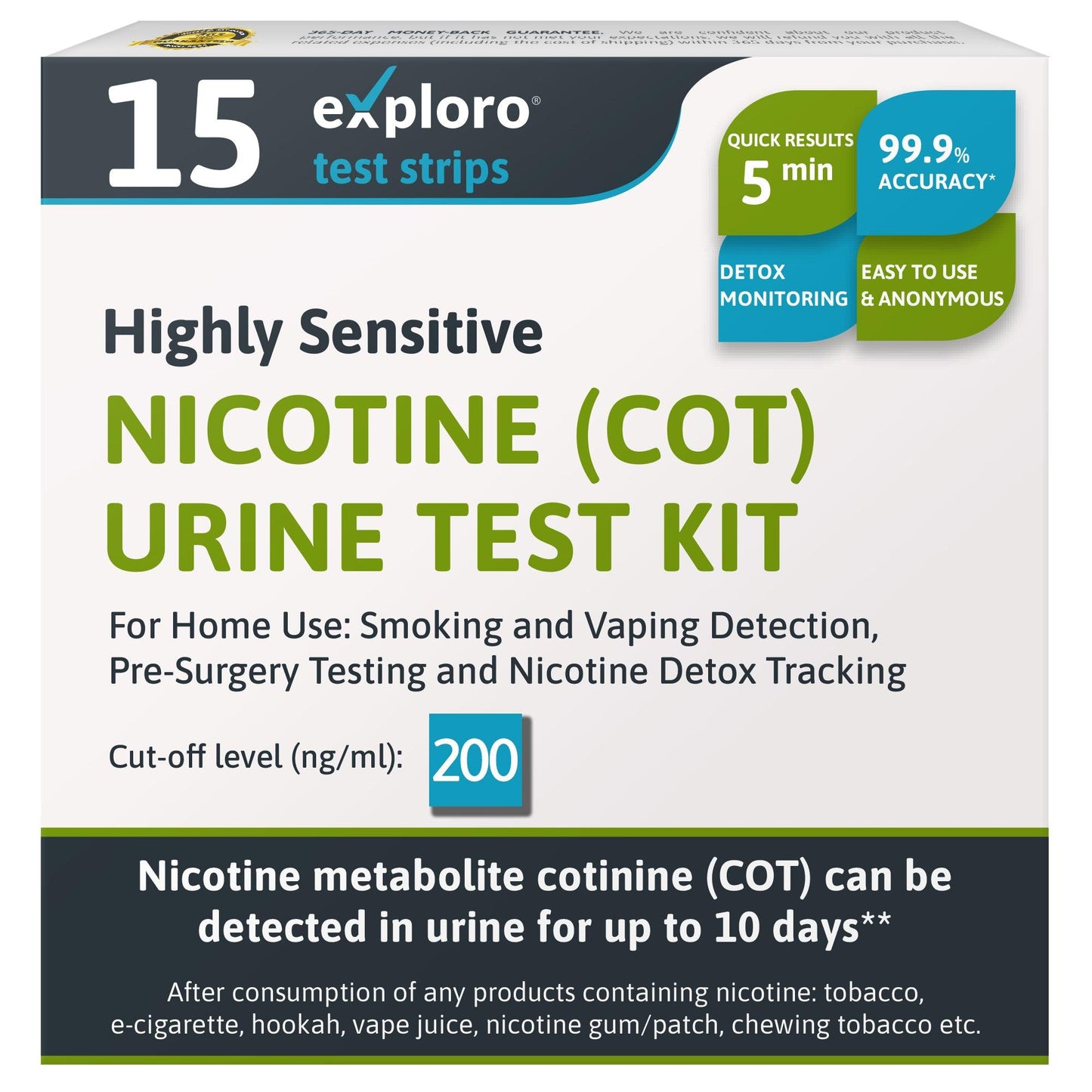Nicotine Urine Tests for Home, 15 Strips, 200 ng/ml - Exploro