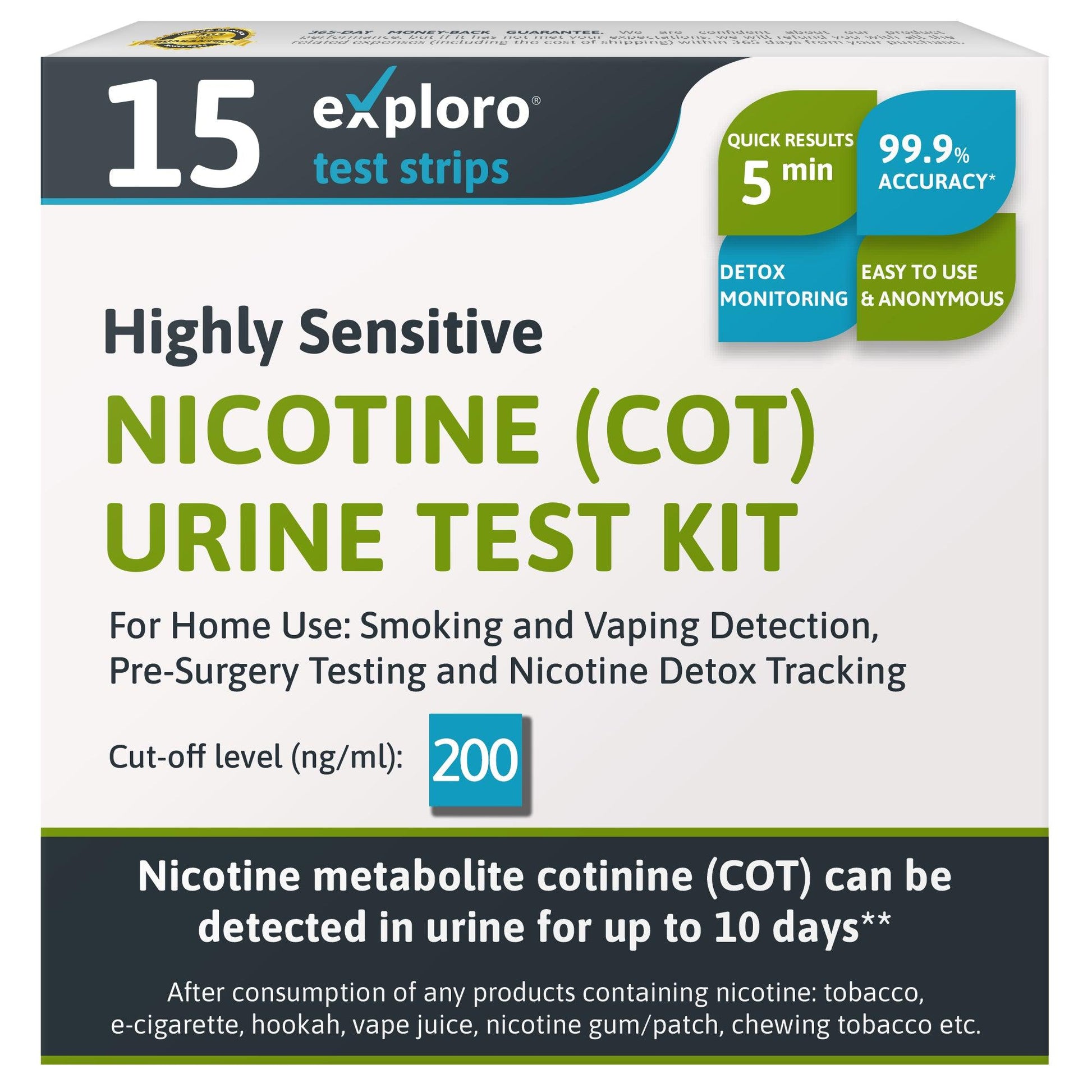 Nicotine Urine Tests for Home, 15 Strips, 200 ng/ml - Exploro