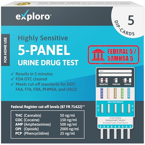 Exploro 5-panel urine drug test kit packaging with text and diagram.