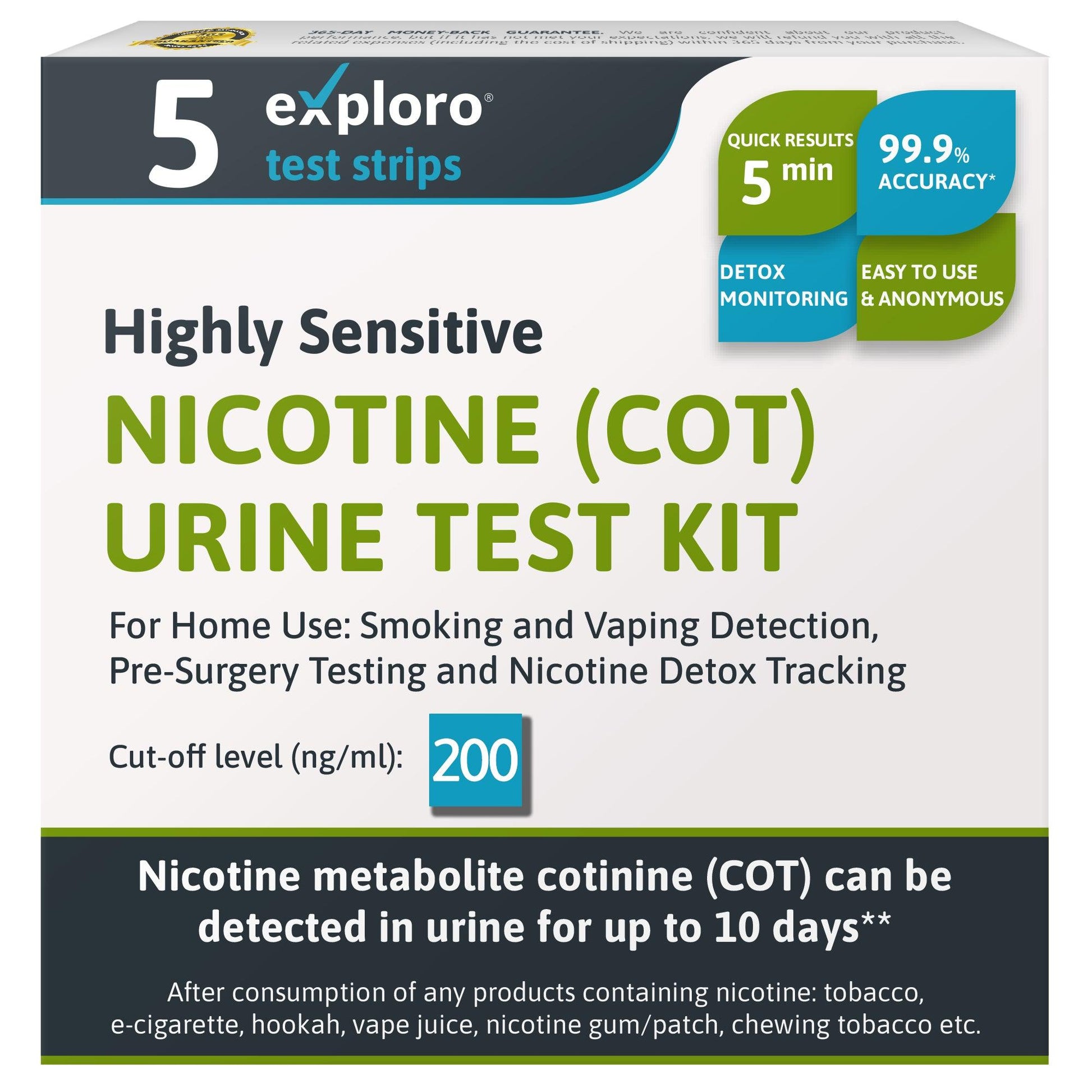 Nicotine Urine Tests for Home, 5 Strips, 200 ng/ml - Exploro