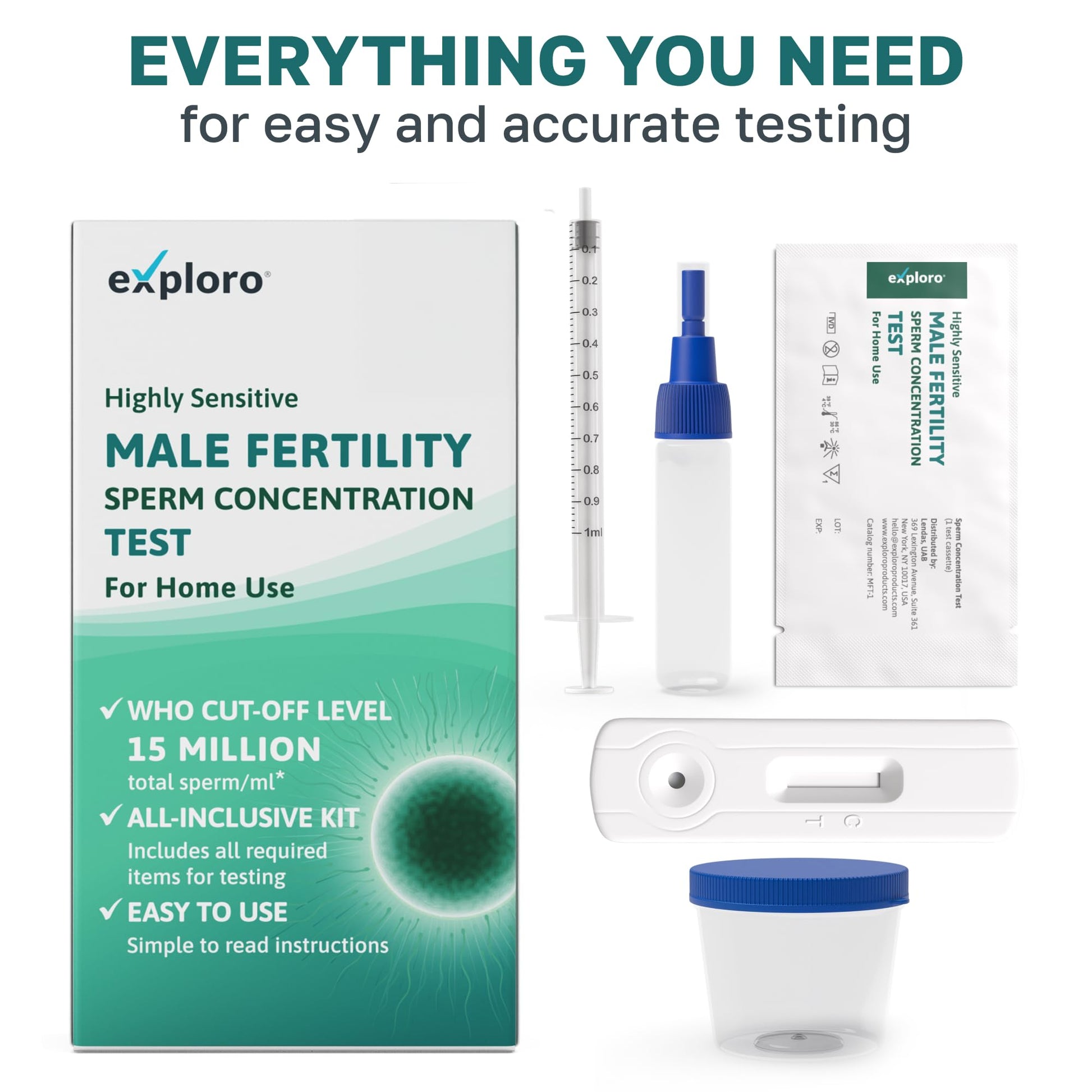 Exploro male fertility sperm concentration test kit with packaging and components on a white background