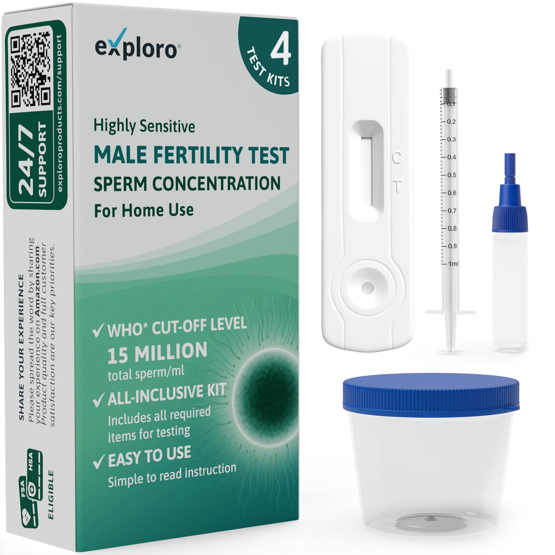 Exploro male fertility test kit with packaging, container, and syringe on a white background