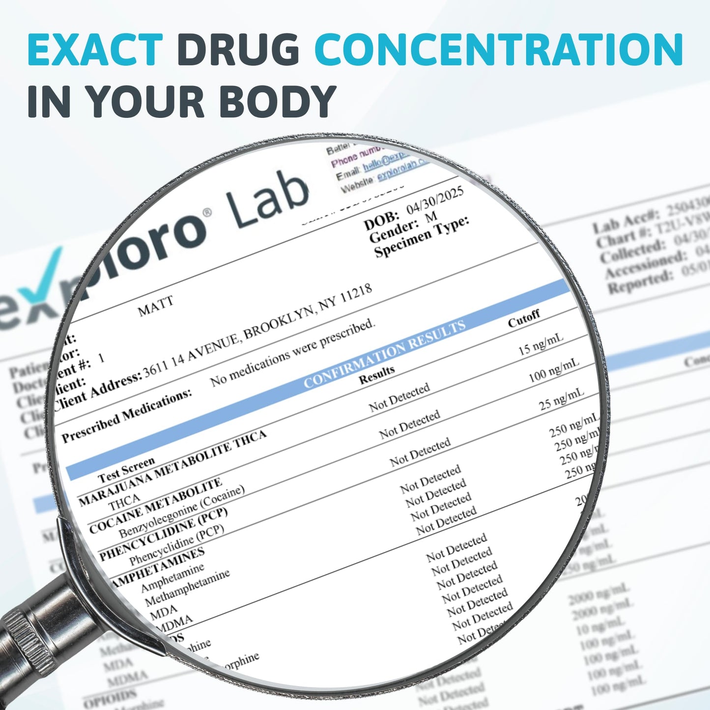 Morpho Lab drug test result with a magnifying glass highlighting text