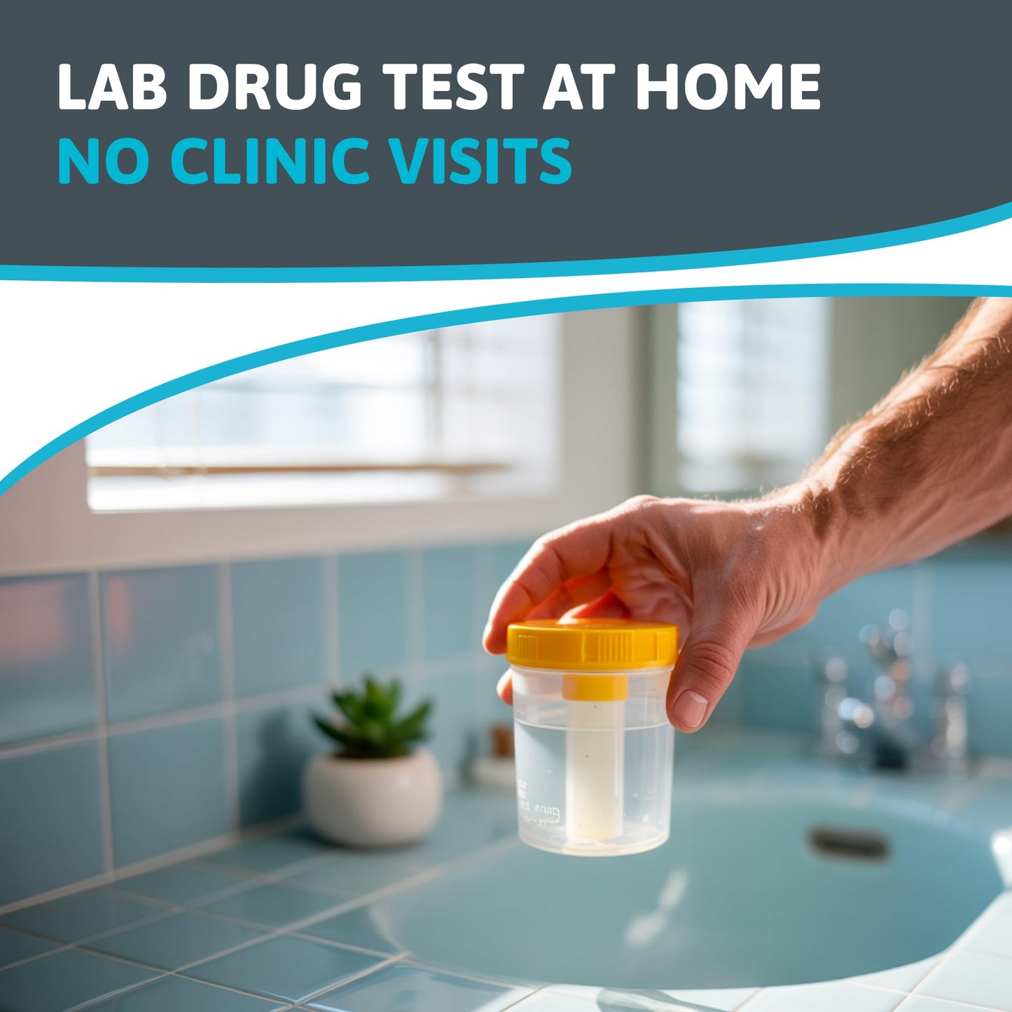 Hand holding a clear container with a yellow lid in a bathroom setting, promoting home drug testing.