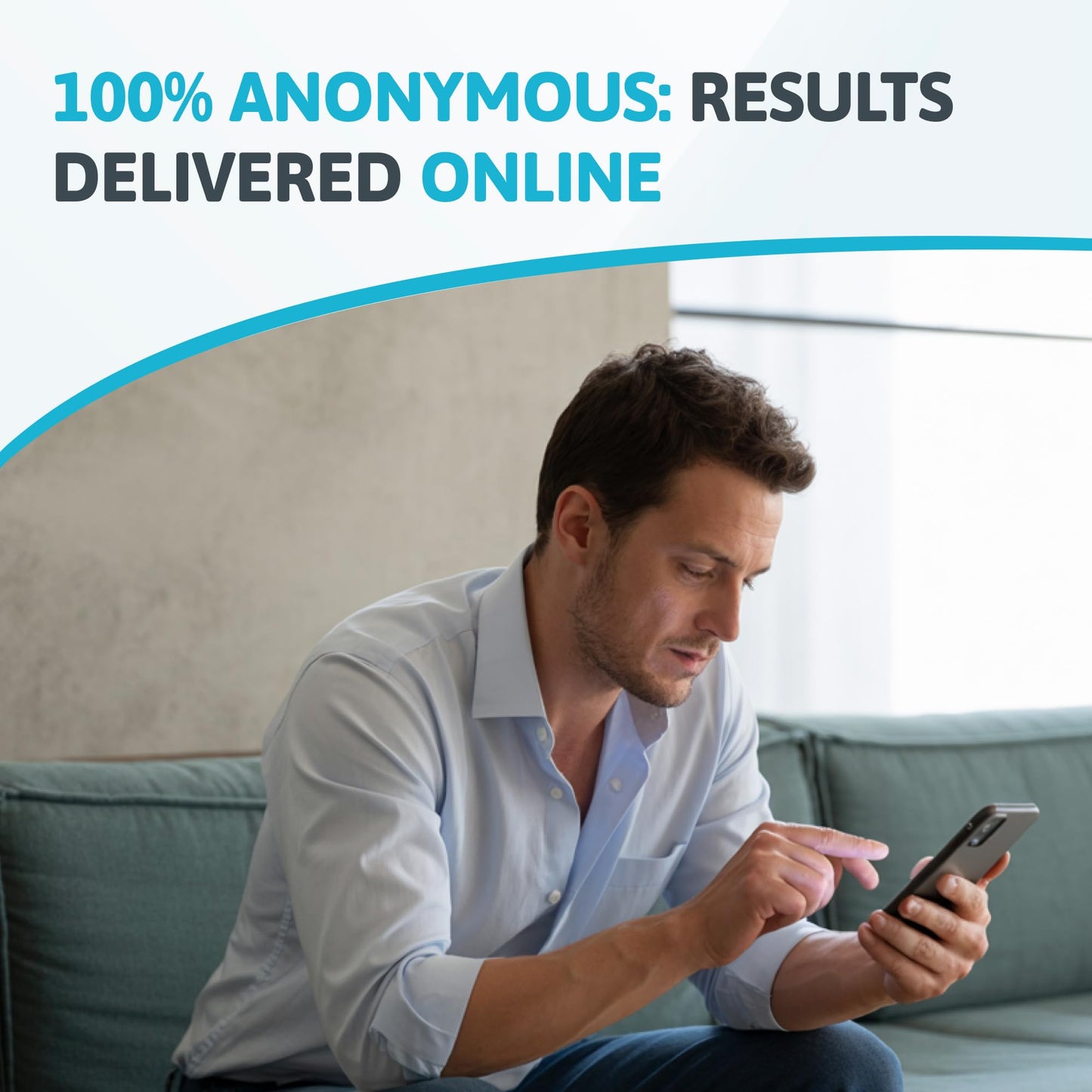 Man using a smartphone with promotional text about online services
