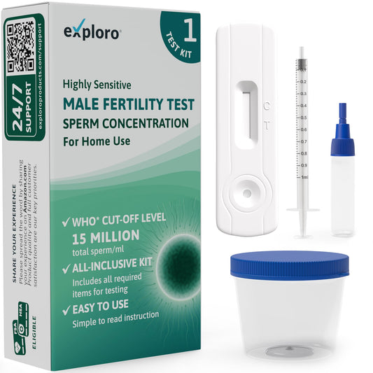 Exploro male fertility test kit with packaging, container, and syringe on a white background