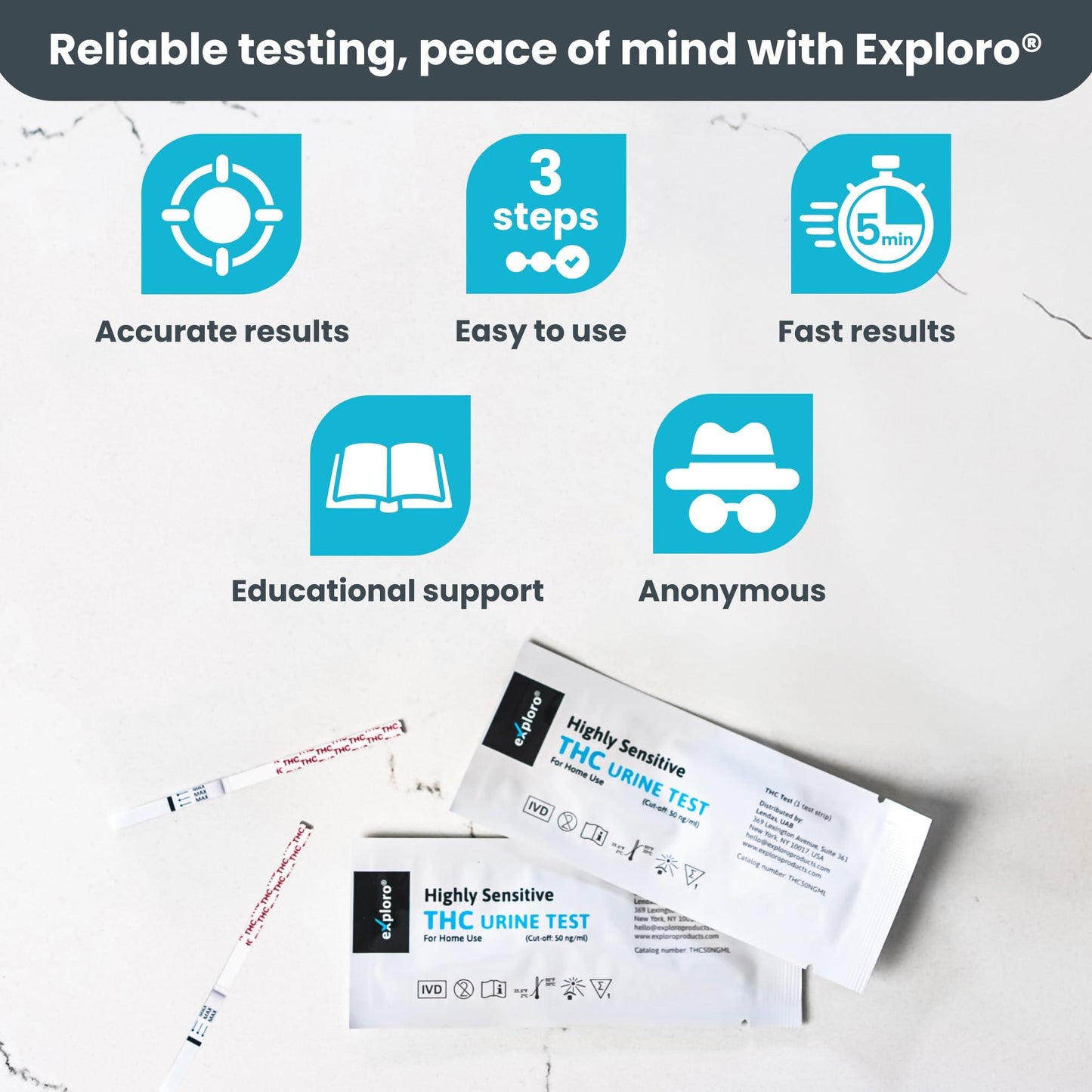 THC Urine Drug Test Kit, 50 Strips, 50 ng/ml - Exploro