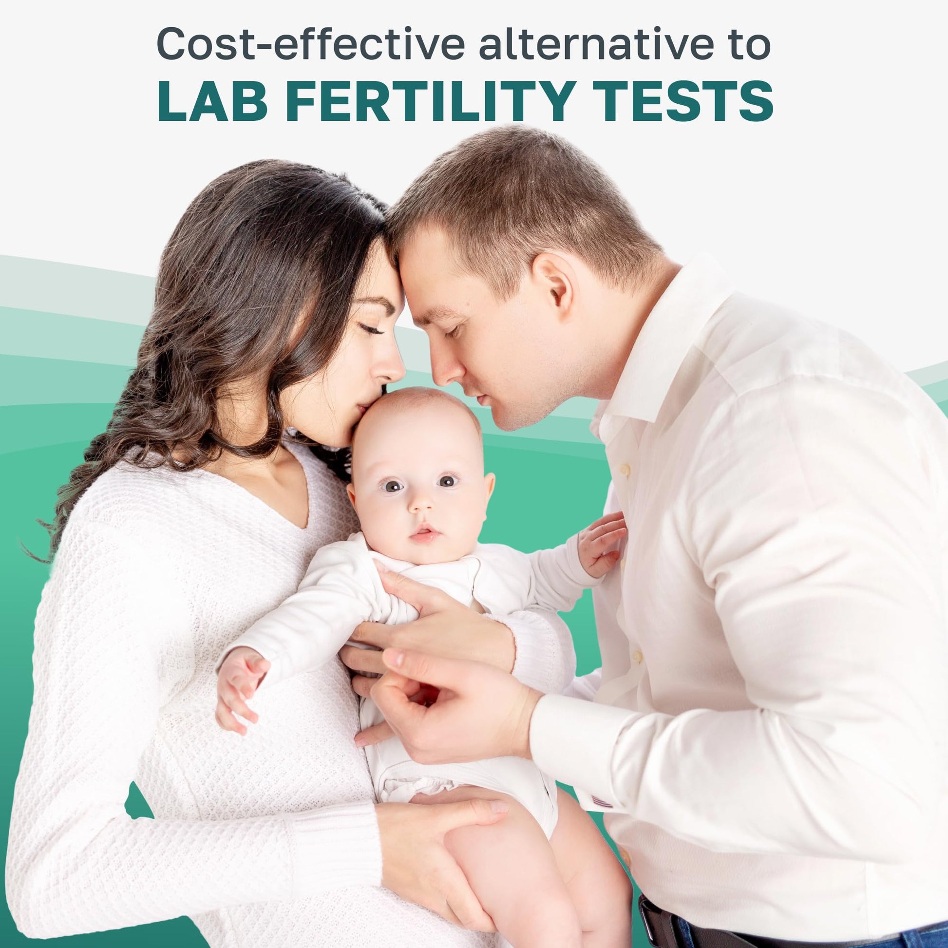 Family with a baby, with text about a cost-effective alternative to lab fertility tests.