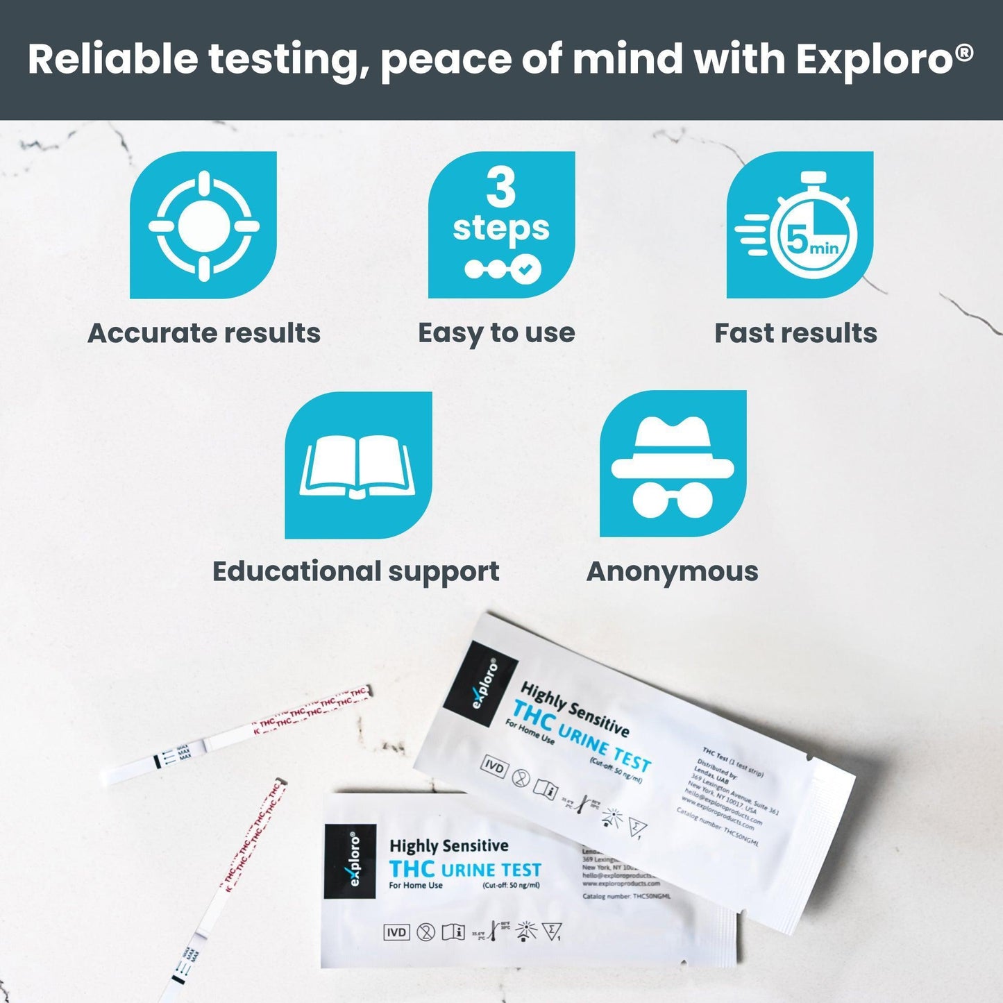 THC Urine Drug Test Kit, 5 Strips, 50 ng/ml - Exploro