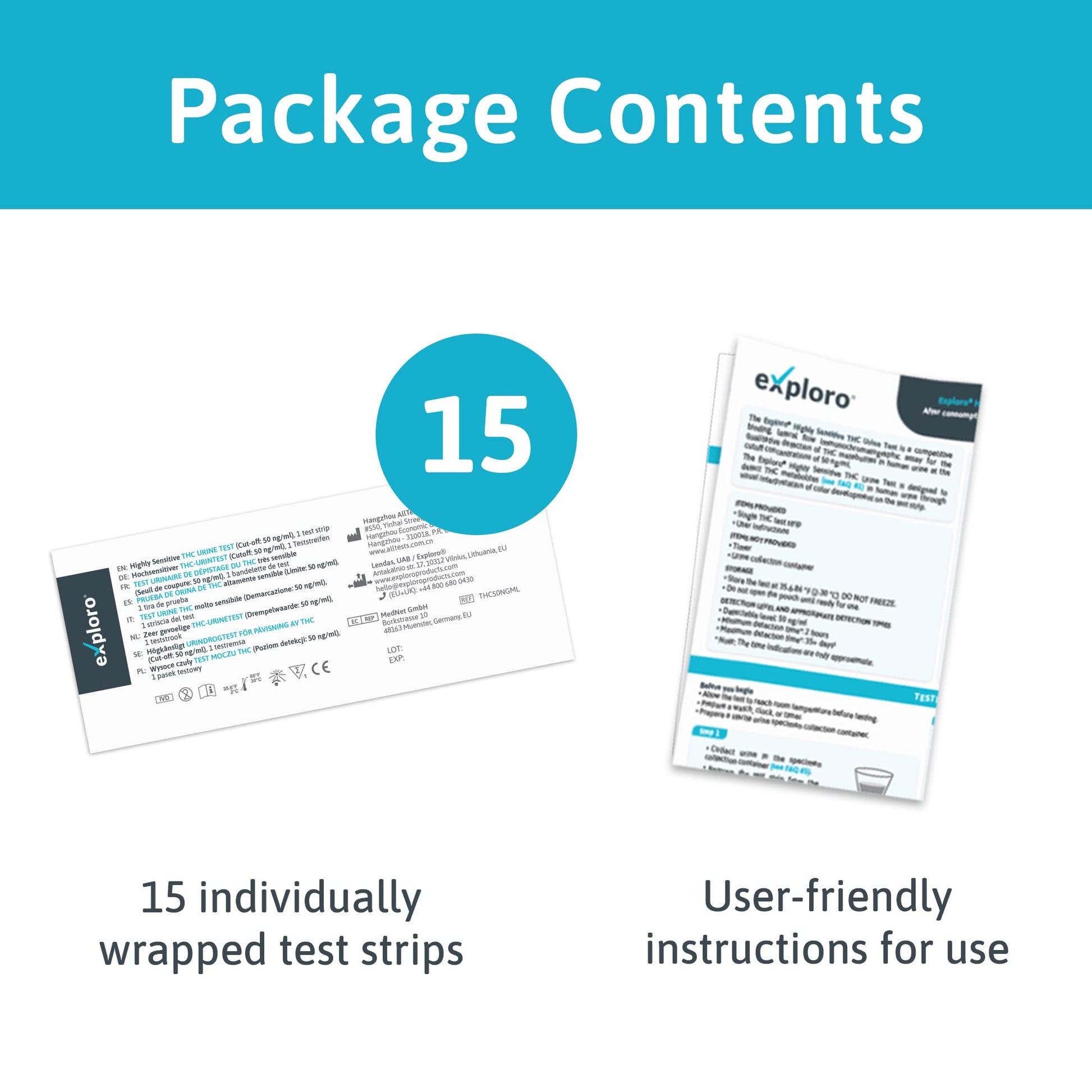 Package contains 15 wrapped test strips and instructions to follow