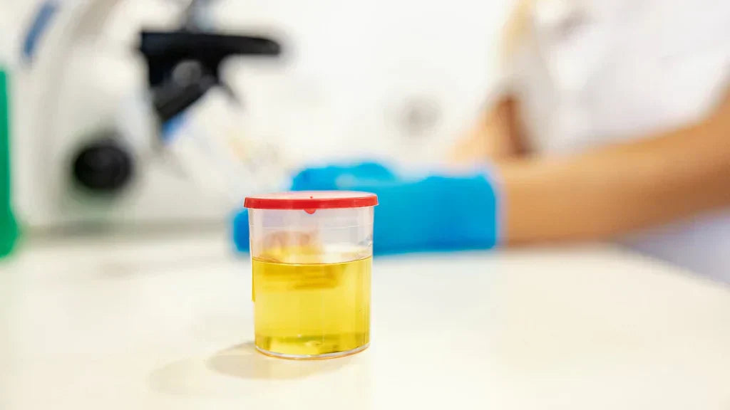 A urine sample cup on a laboratory table with a lab worker blurred in the background