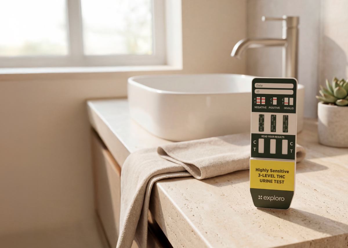 A photo of an exploro at-home drug test next to a bathroom sink 