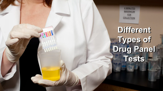 A Doctor in the Medical Office Holding a 7-Panel Urine Drug Test in his Hand Above a Cup with a Urine Sample