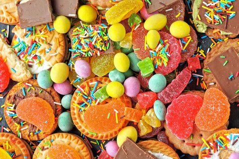 A closeup of various edible candies of all colors 