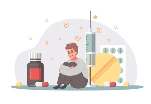 an illustration of a scared young man surrounded by drugs 
