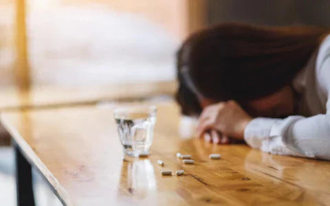 A young woman leaning her head on the bar, with alcohol and drugs next to her 