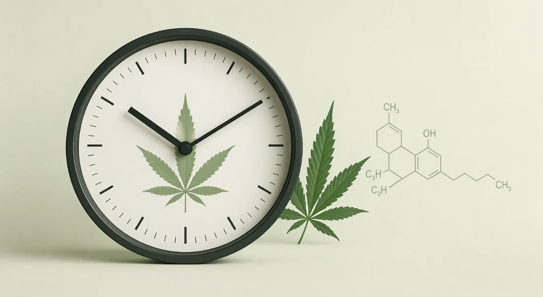 A visual representation of the THC detox timeline with a cannabis leaf and a thc formula on a clock
