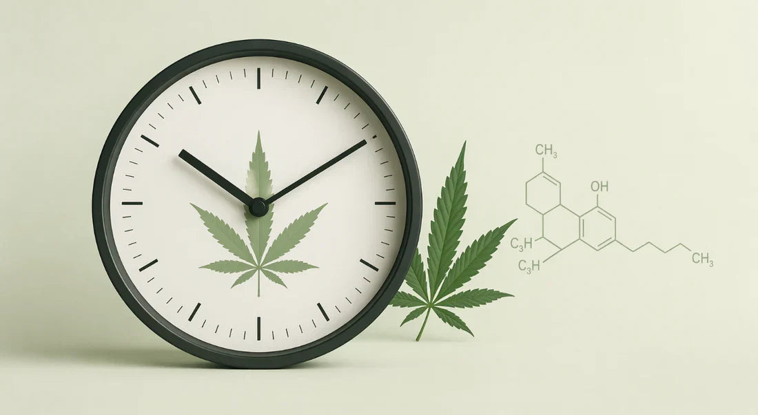 A visual representation of the THC detox timeline with a cannabis leaf and a thc formula on a clock