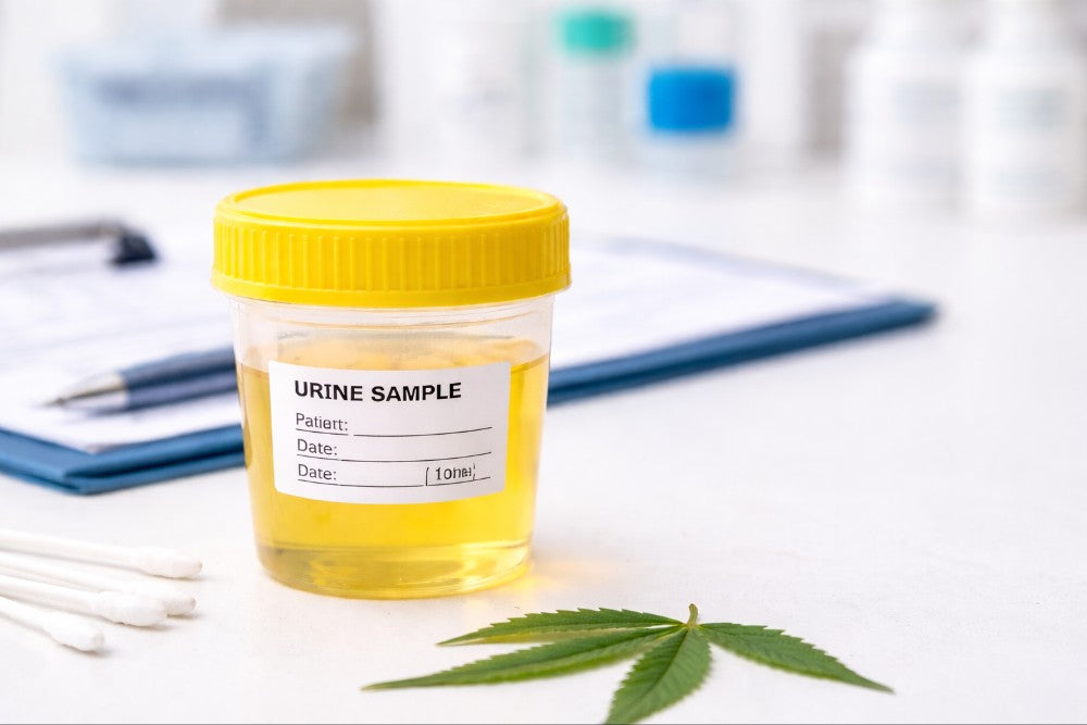 A urine sample for THC testing on a countertop next to a cannabis leaf