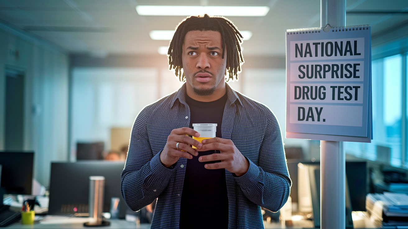 Worried office worker holding a urine sample cup next to a sign that says “National Surprise Drug Test Day.”