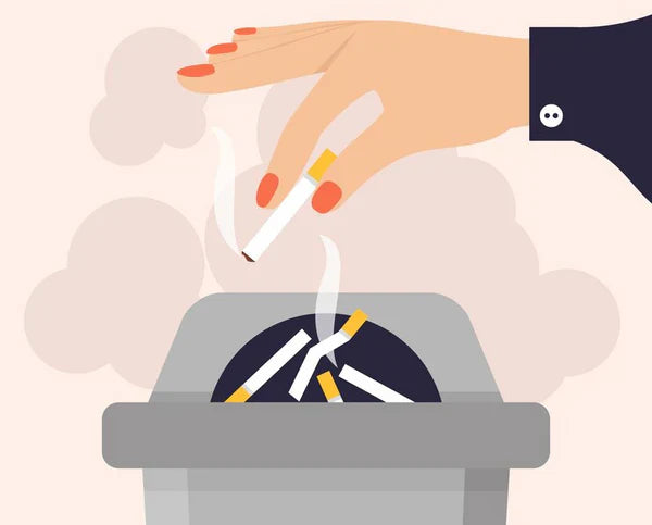 an illustration of a hand putting out a cigarette on a tall ashtray 