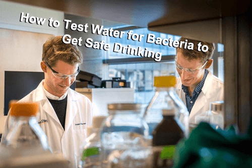 two laboratory man standing behind different water bottles for testing water