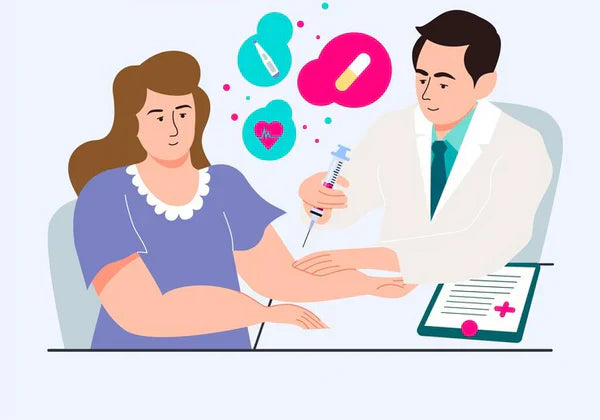 a corporate memphis illustration of a doctor injecting a patient with a syringe