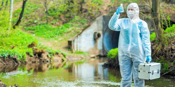 A person in a hazmat suit testing river water for drinking