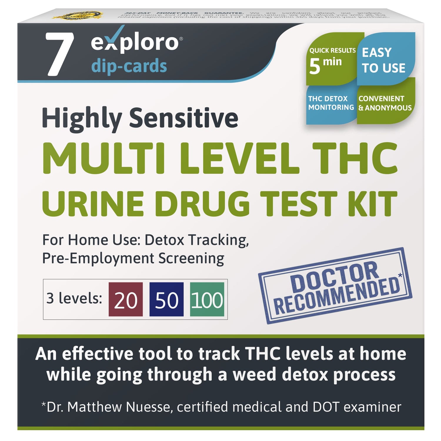 Exploro Highly Sensitive 3-Level THC Urine at Home Drug Test Kit, Drug Test Kit Marijuana Drug Test, THC Drug Test Urine, Easy Home Drug Test Marijuana/THC Substance Abuse, 7 Dip-Cards 20-50-100 ng/ml