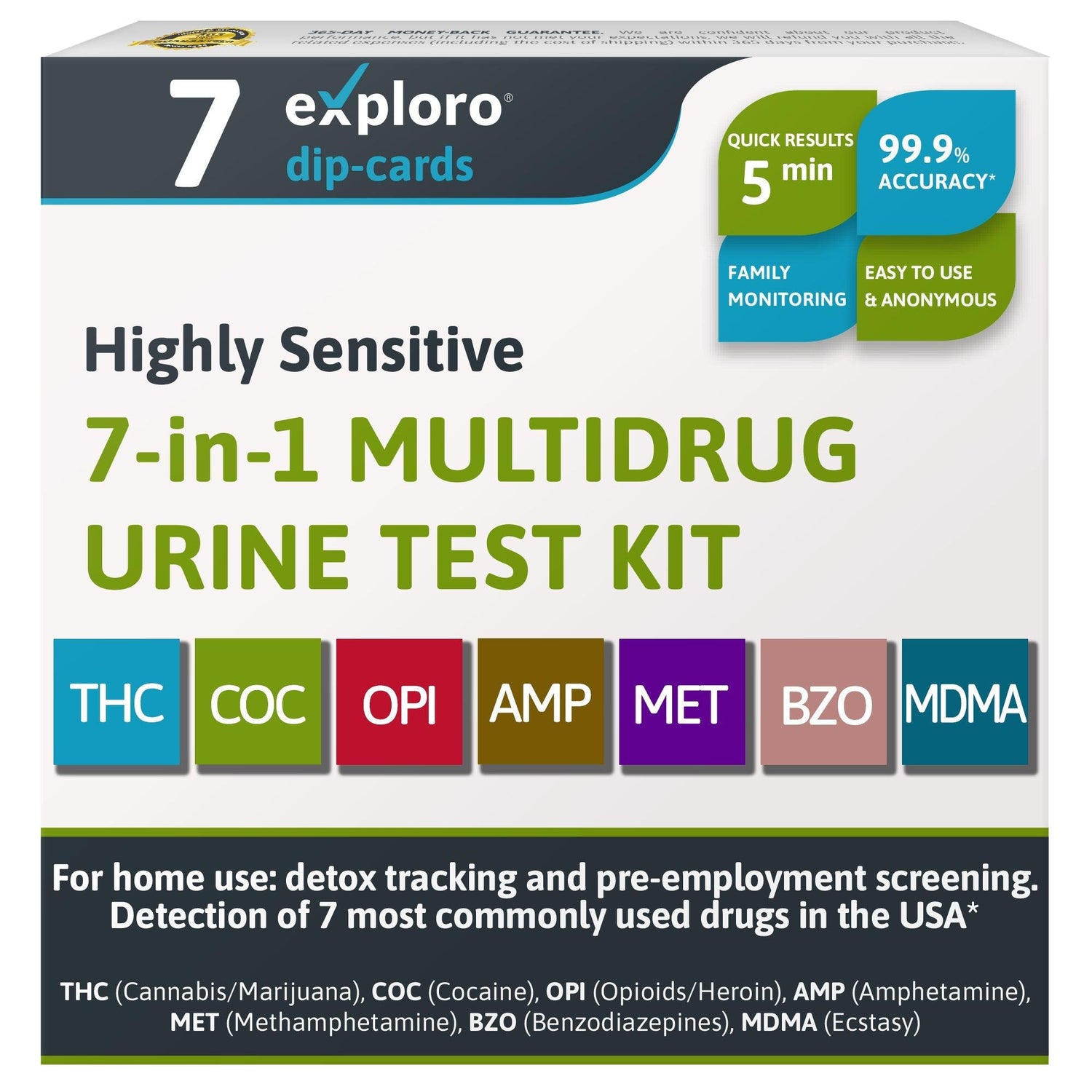 Exploro Home Drug Test Kit for all Drugs, 7-Panel Urine Drug Test, Marijuana (THC), Cocaine, Opiates, Amphetamine, Methamphetamine, Benzos (BZO), Ecstasy (MDMA), Drug testing kit Dip-Cards