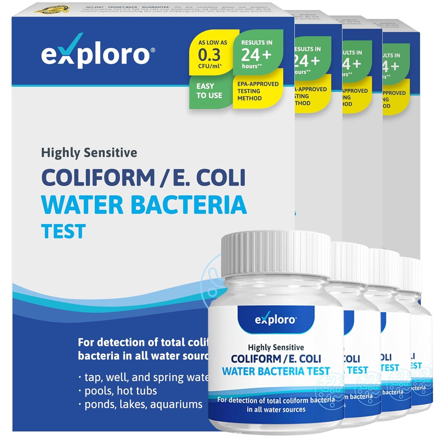 Exploro Water Bacteria Testing Kit (Coliform/E. Coli) for Drinking & Other Sources. Highly Sensitive Home Tap & Well Water Test Kit (>0.3 CFU) Also for Pond and Lake