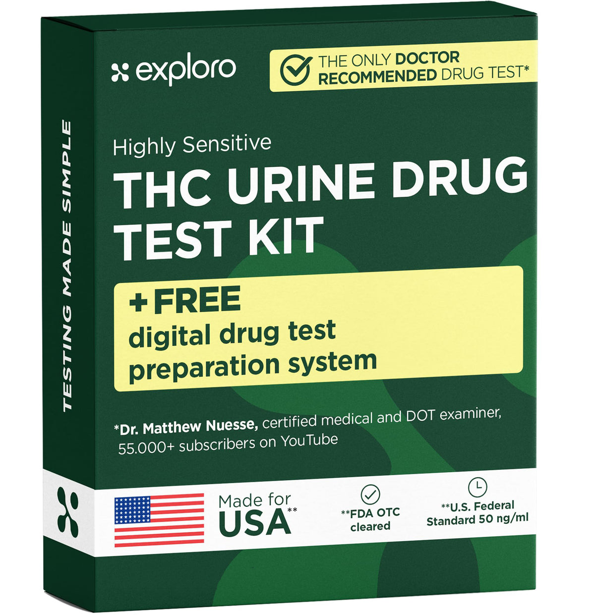 Exploro THC Urine Test kit packaging with green and white design on a beige background