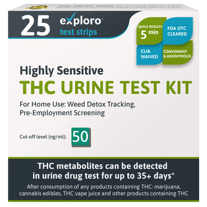 THC Urine Drug Test Kit, 25 Strips, 50 ng/ml - Exploro