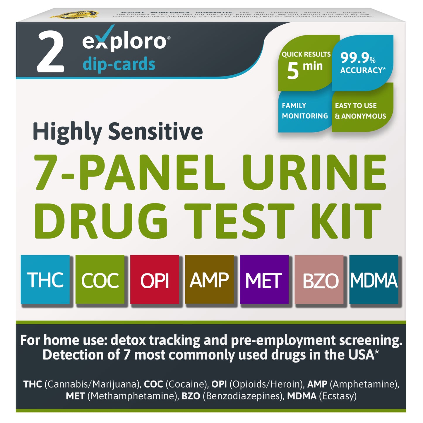Exploro At Home 7-Panel Urine Drug Test. 2 Dip-Cards.