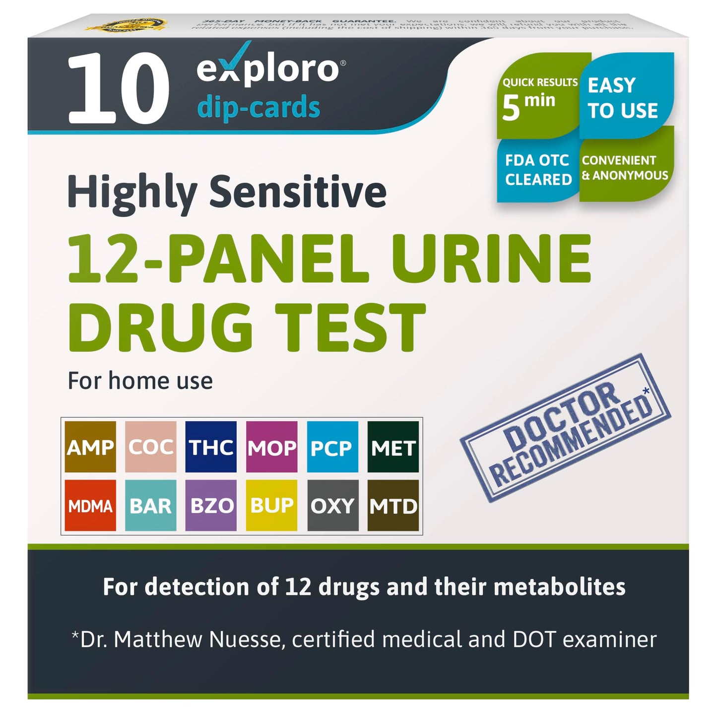 12-panel urine drug test kit with branding and product details on a white background