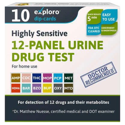 12-panel urine drug test kit with branding and product details on a white background