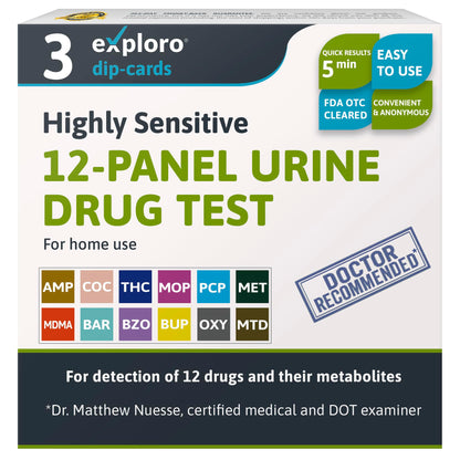 12-panel urine drug test kit with branding and product details on a white background