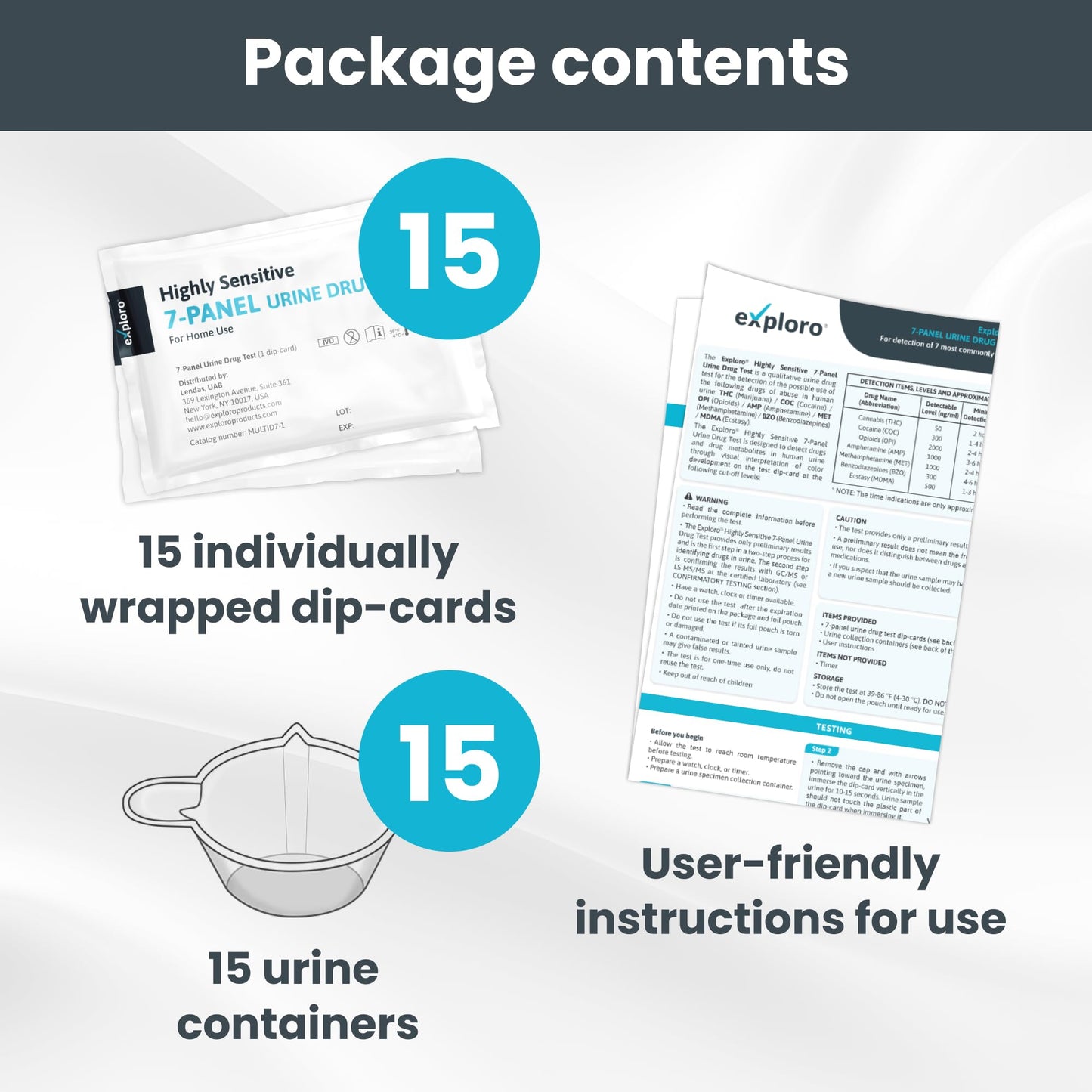 7-Panel Urine Drug Test. 15 Dip-Cards with Cups.