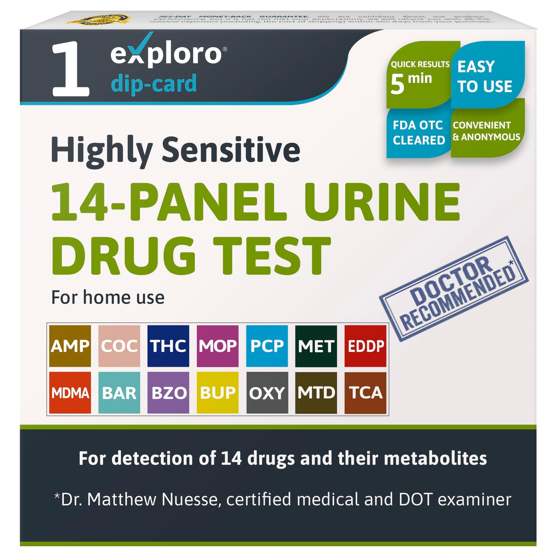 14-panel urine drug test kit with branding and product details on a white background
