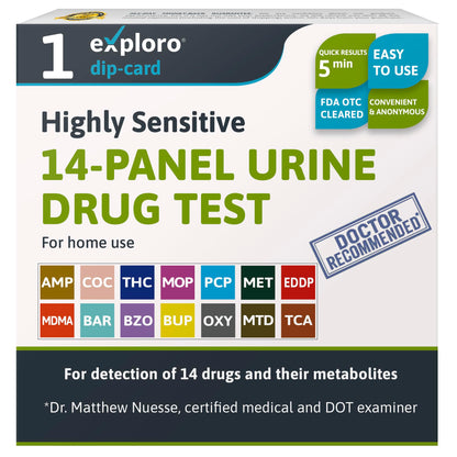 14-panel urine drug test kit with branding and product details on a white background