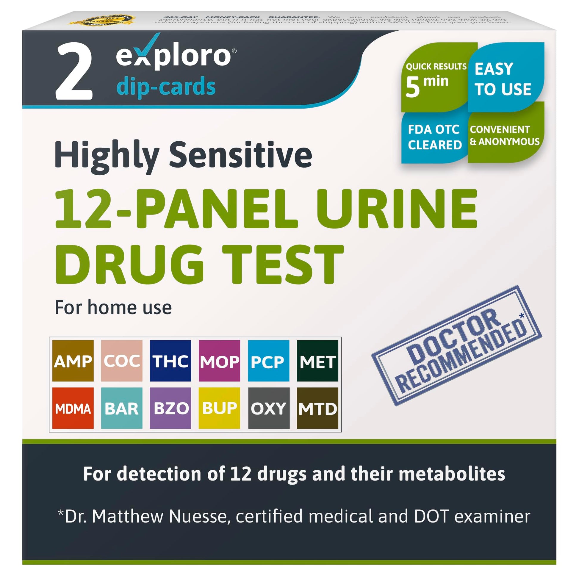 12-panel urine drug test kit with branding and product details on a white background