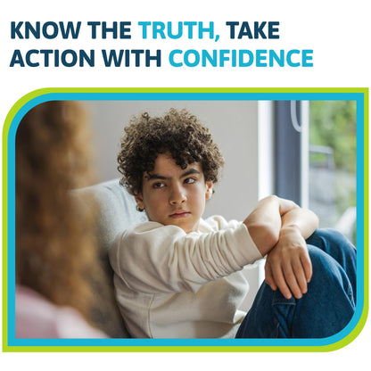 Person sitting with text 'Know the truth, take action with confidence' on a white background