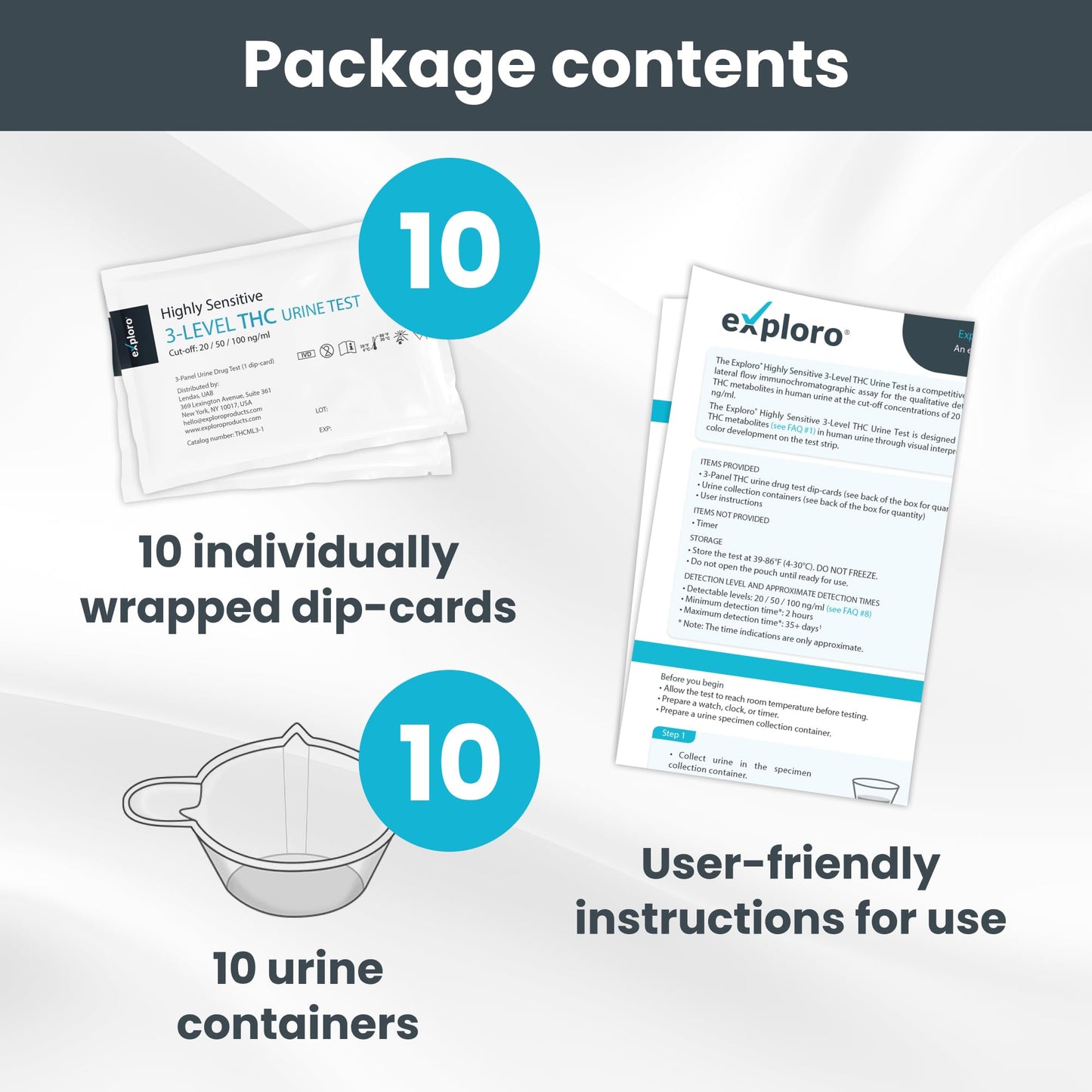 3-Level THC Urine Drug Test Kit, 10 Dip-Cards, 20-50-100ng/ml