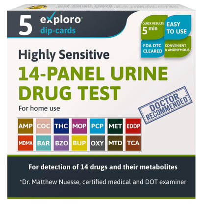 14-panel urine drug test kit packaging with various drug abbreviations on a white background