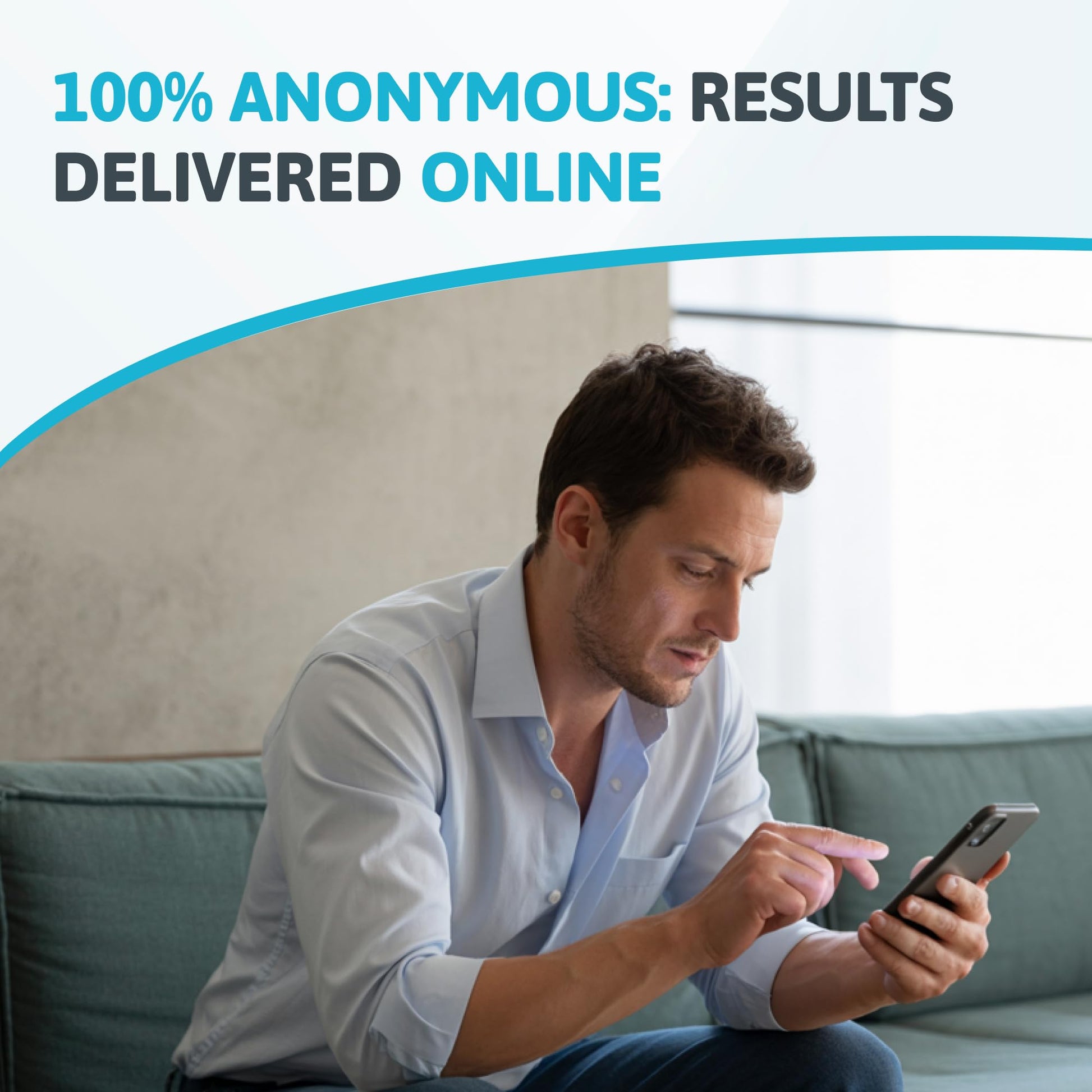 Man using a smartphone with promotional text about online services
