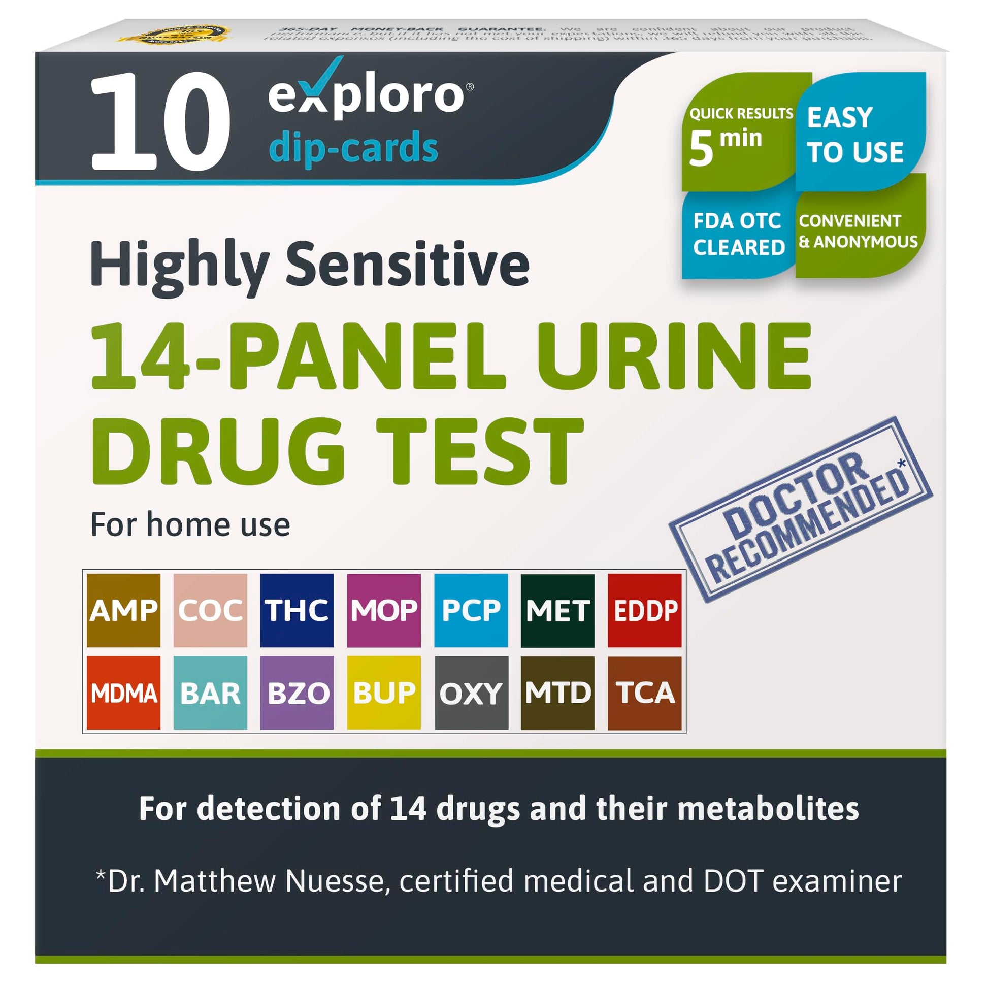 14-panel urine drug test kit packaging with various drug abbreviations on a white background
