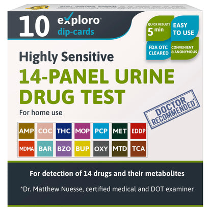 14-panel urine drug test kit packaging with various drug abbreviations on a white background