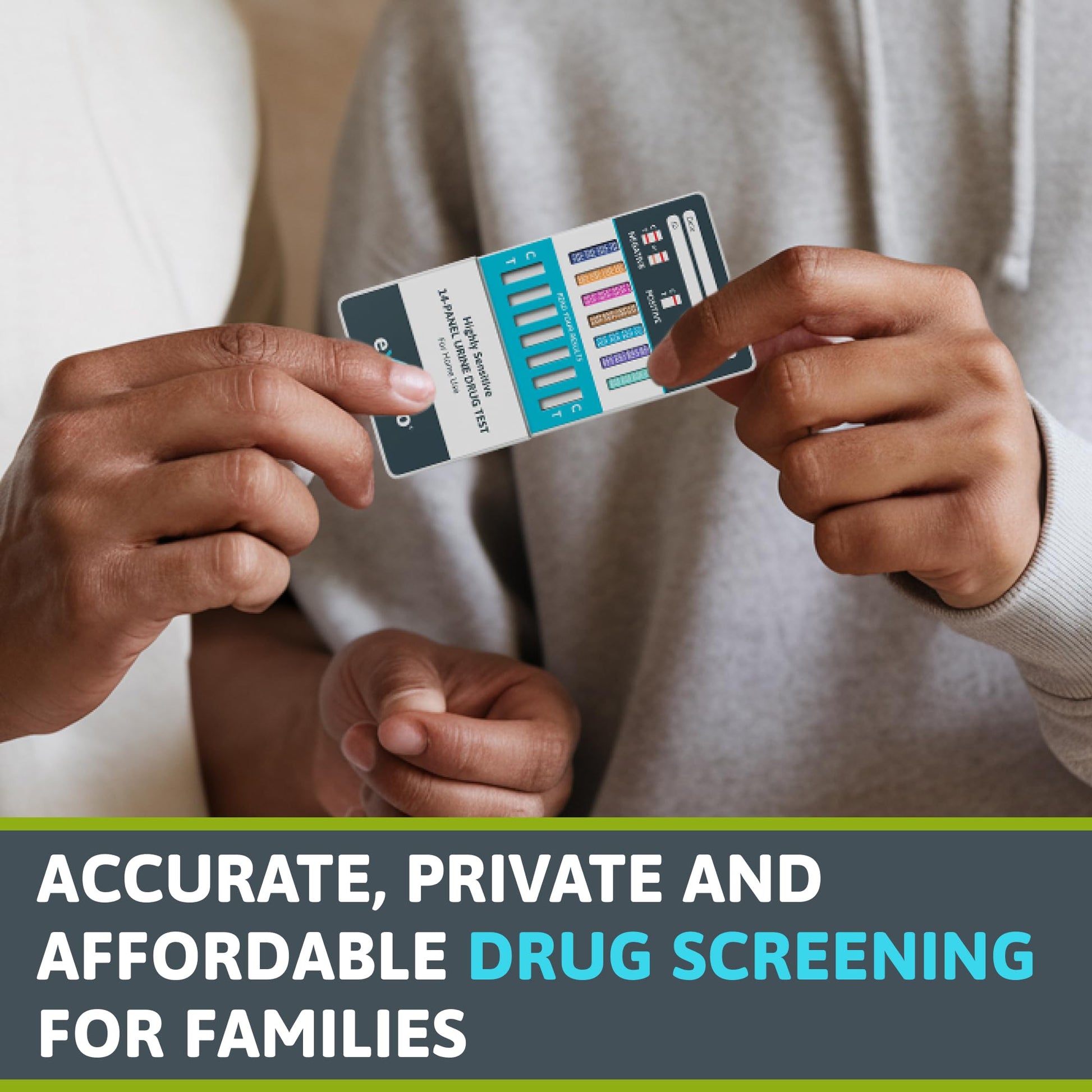 Drug screening test kit held by hands with promotional text about accuracy, privacy, and affordability.