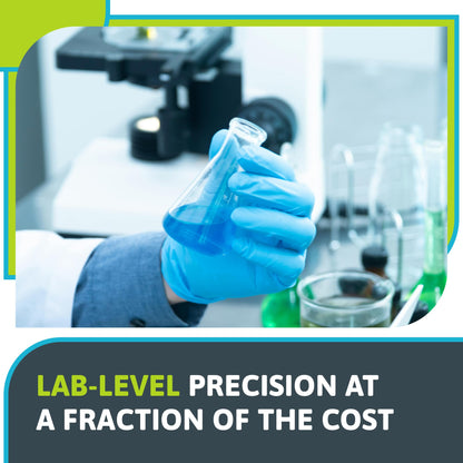 Person in a lab holding a beaker with text 'LAB-LEVEL PRECISION AT A FRACTION OF THE COST'.